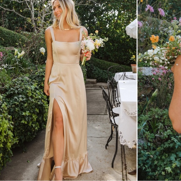 New Show Me Your MuMu Cream Wedding Dress with Slit Clarissa Corset Dress gold - Picture 1 of 6